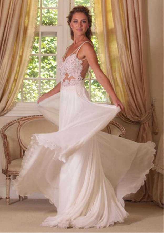 Romantic A-Line/Princess Chiffon Wedding Dress with V-Neckline, Lace Bowknot, and Sweep Train BM bride