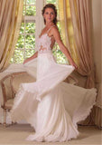 Romantic A-Line/Princess Chiffon Wedding Dress with V-Neckline, Lace Bowknot, and Sweep Train BM bride