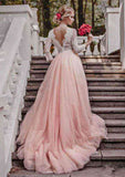 Elegant Court Train Tulle Wedding Dress with Lace Details and V-Neck in A-Line/Princess Silhouette BM bride
