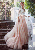 Elegant Court Train Tulle Wedding Dress with Lace Details and V-Neck in A-Line/Princess Silhouette BM bride