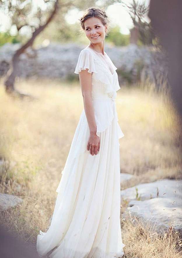 Lace V-Neck Chiffon A-Line/Princess Wedding Dress with Long/Floor-Length Skirt BM bride