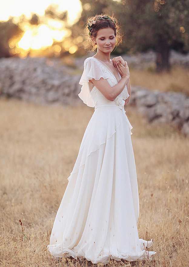 Lace V-Neck Chiffon A-Line/Princess Wedding Dress with Long/Floor-Length Skirt BM bride