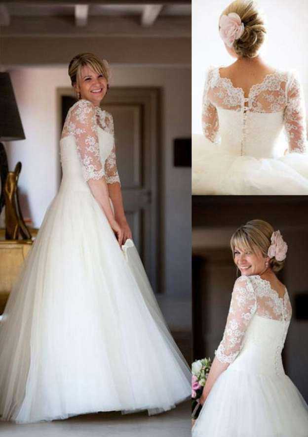Lace Bateau Ball Gown Wedding Dress with Sweep Train and Tulle Fabric BM bride