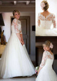 Lace Bateau Ball Gown Wedding Dress with Sweep Train and Tulle Fabric BM bride