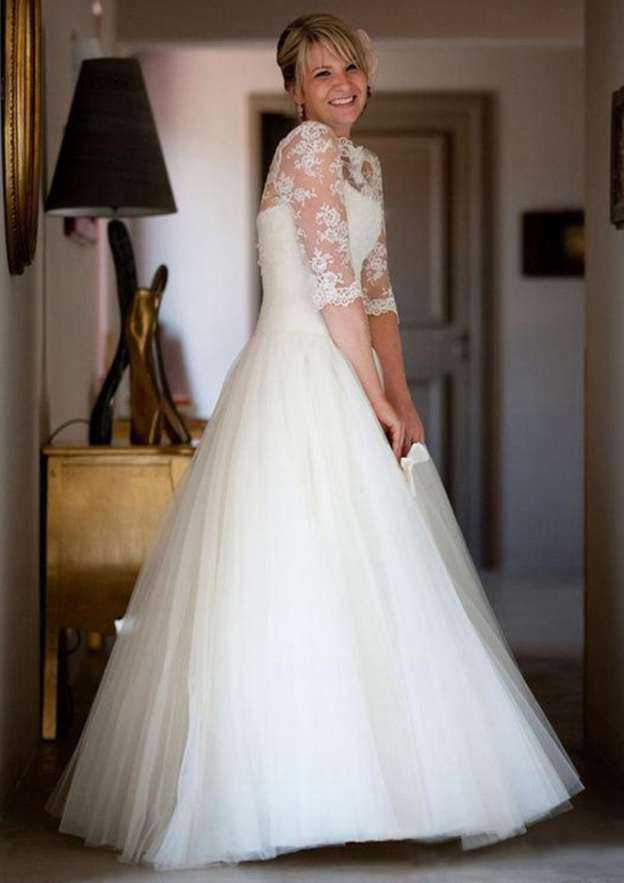 Lace Bateau Ball Gown Wedding Dress with Sweep Train and Tulle Fabric BM bride