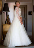 Lace Bateau Ball Gown Wedding Dress with Sweep Train and Tulle Fabric BM bride