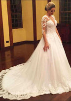 Beautiful V-Neck Tulle A-Line Wedding Dress with Court Train and Appliques BM bride