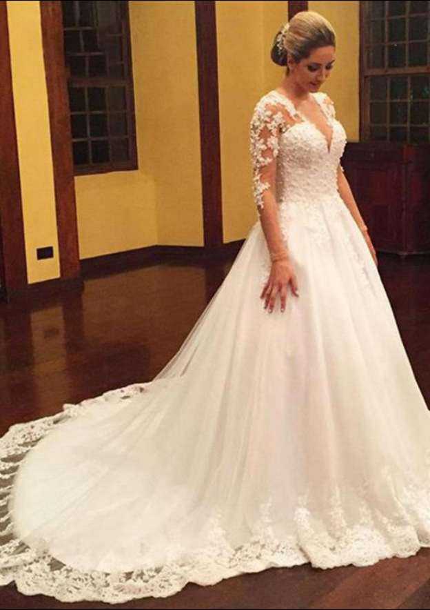 Beautiful V-Neck Tulle A-Line Wedding Dress with Court Train and Appliqueds BM bride