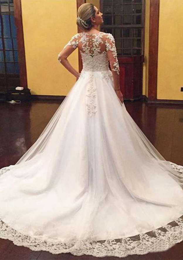 Beautiful V-Neck Tulle A-Line Wedding Dress with Court Train and Appliqueds BM bride