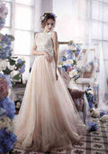 Graceful Tulle Sweep Train Sheath/Column Sleeveless Bateau Wedding Dress with Applique Details BM bride