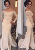 Lace Sheath/Column Wedding Dress with Off-The-Shoulder Neckline and Sweep Train in Satin BM bride