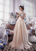 Charming Sweep Train Tulle Wedding Dress with Appliqued Details in A-Line/Princess Fit BM bride