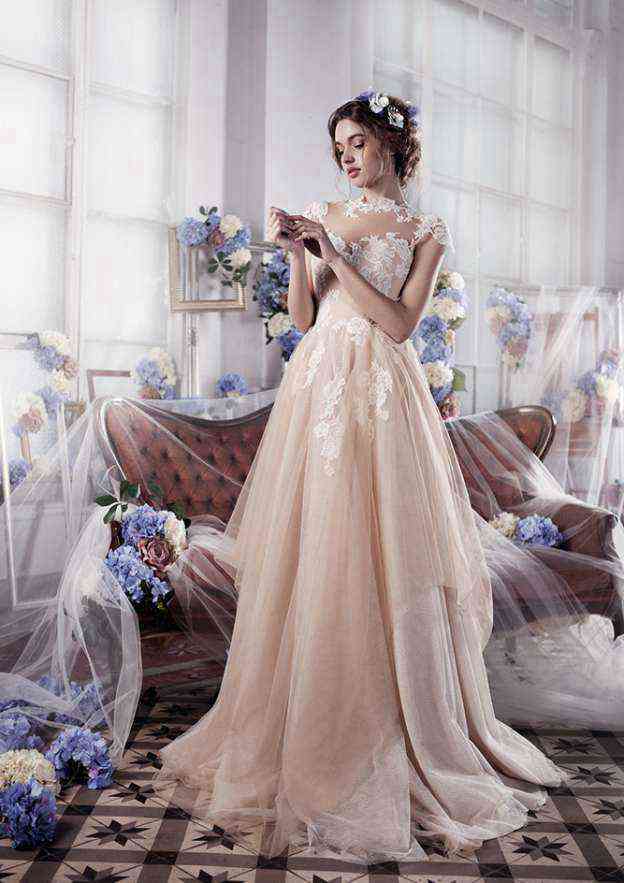 Charming Sweep Train Tulle Wedding Dress with Appliqued Details in A-Line/Princess Fit BM bride