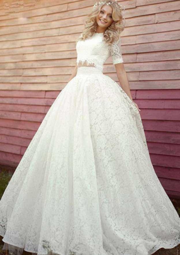 Scoop Neck Long/Floor-Length Ball Gown Wedding Dress with Lace Fabric BM bride