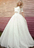 Scoop Neck Long/Floor-Length Ball Gown Wedding Dress with Lace Fabric BM bride