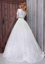 Scoop Neck Long/Floor-Length Ball Gown Wedding Dress with Lace Fabric BM bride