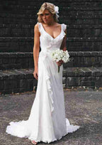 Pleated Sheath/Column Wedding Dress with Sleeveless Sweetheart Neckline and Chiffon Sweep Train BM bride