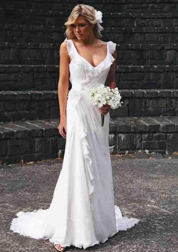 Pleated Sheath/Column Wedding Dress with Sleeveless Sweetheart Neckline and Chiffon Sweep Train BM bride