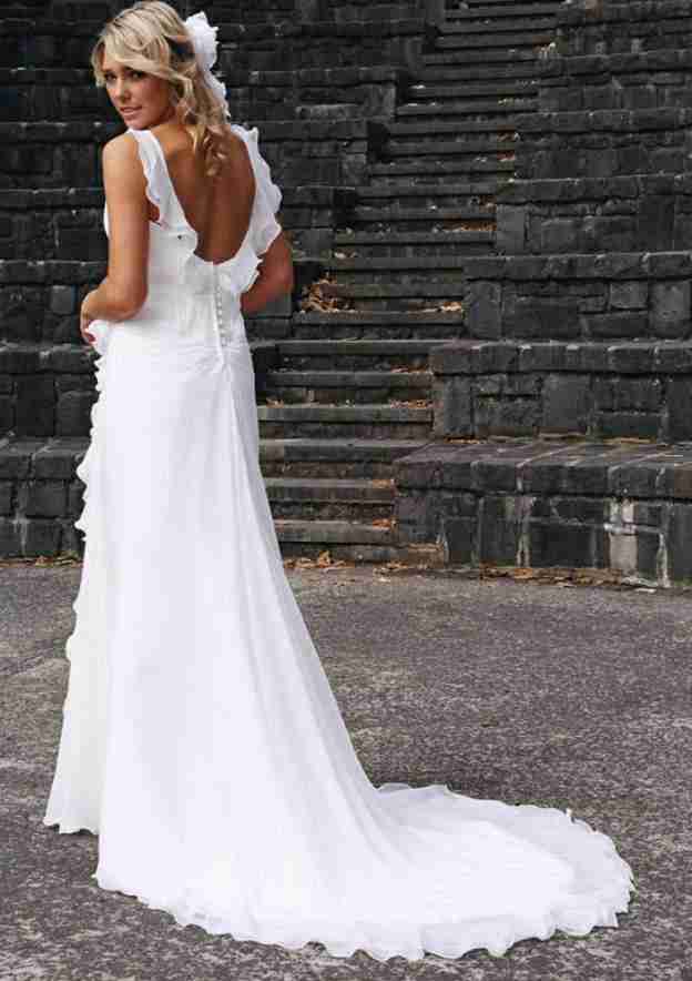 Pleated Sheath/Column Wedding Dress with Sleeveless Sweetheart Neckline and Chiffon Sweep Train BM bride