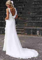 Pleated Sheath/Column Wedding Dress with Sleeveless Sweetheart Neckline and Chiffon Sweep Train BM bride