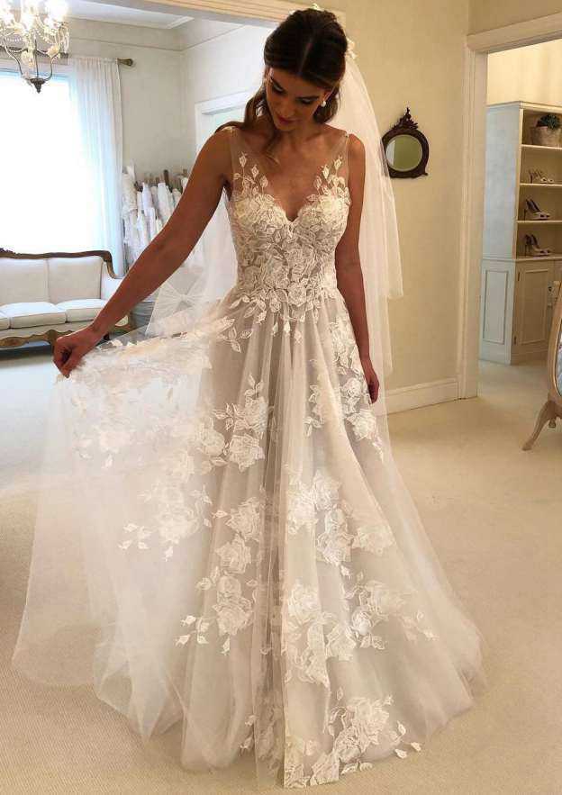Graceful A-Line/Princess V-Neck Tulle Wedding Dress with Sweep Train and Exquisite Appliqued BM bride