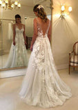 Graceful A-Line/Princess V-Neck Tulle Wedding Dress with Sweep Train and Exquisite Applique BM bride