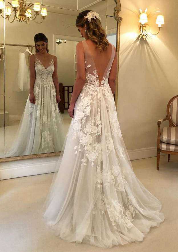 Graceful A-Line/Princess V-Neck Tulle Wedding Dress with Sweep Train and Exquisite Appliqued BM bride