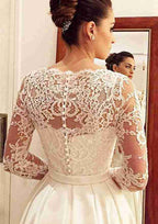 Appliqued Lace Bateau Satin A-Line/Princess Wedding Dress with Full/Long Sleeves and Court Train BM bride