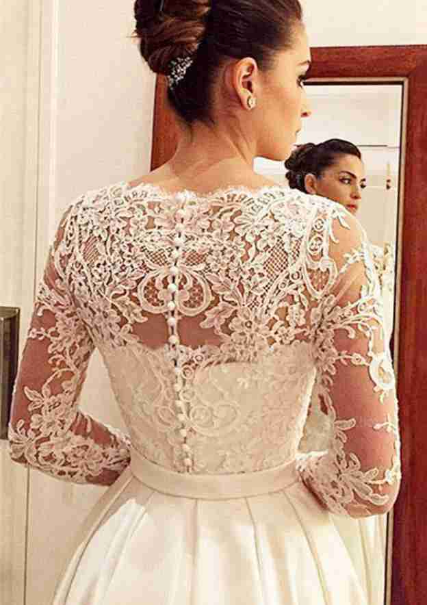 Appliqued Lace Bateau Satin A-Line/Princess Wedding Dress with Full/Long Sleeves and Court Train BM bride