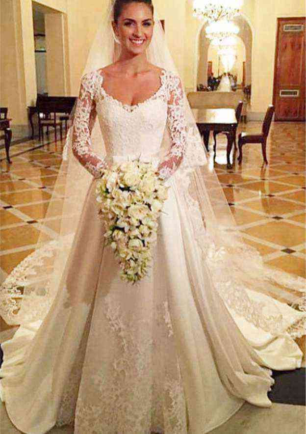 Appliqued Lace Bateau Satin A-Line/Princess Wedding Dress with Full/Long Sleeves and Court Train BM bride