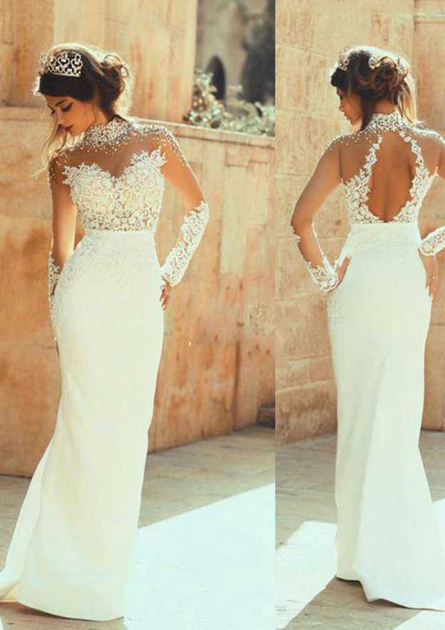 Sophisticated Elastic Satin Sheath Wedding Dress: Long Floor-Length with Full Sleeves and High Neck, Appliqued Details BM bride