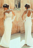 Sophisticated Elastic Satin Sheath Wedding Dress: Long Floor-Length with Full Sleeves and High Neck, Appliqued Details BM bride
