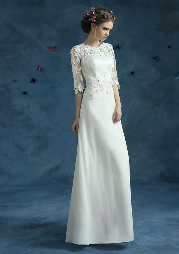 Appliqued Chiffon A-Line/Princess Wedding Dress with Bateau Neckline and Long/Floor-Length Skirt BM bride