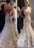 Appliqued Trumpet/Mermaid Wedding Dress with Sweetheart Neckline and Court Train in Tulle BM bride