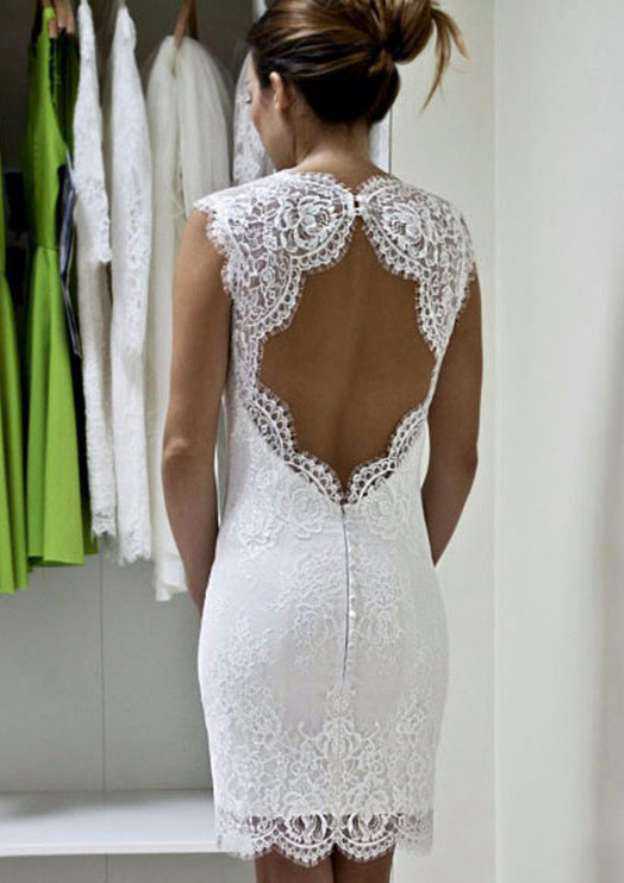 Romantic Sweetheart Short/Mini Lace Wedding Dress in Sleek Sheath/Column Design BM bride