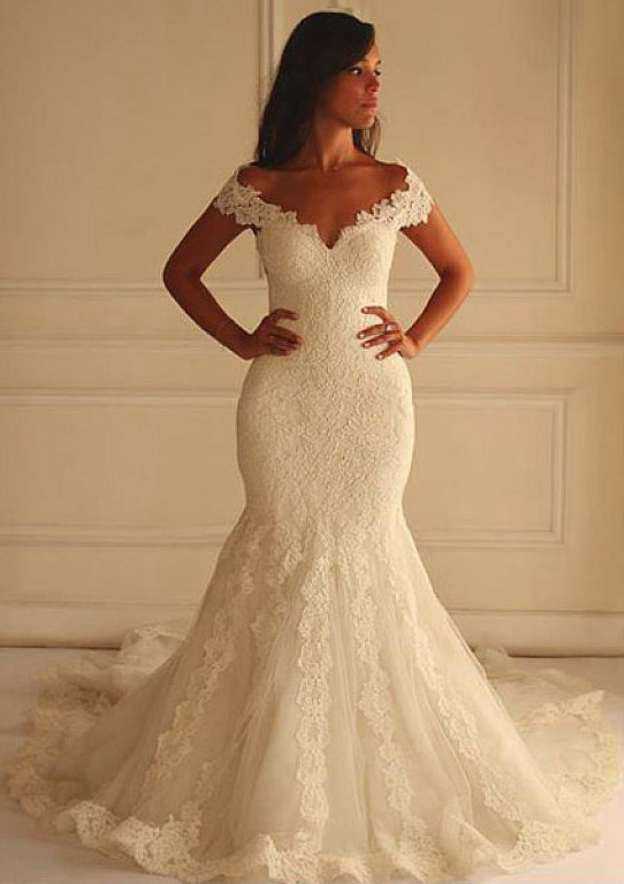 Pleated Off-The-Shoulder Trumpet/Mermaid Wedding Dress in Lace BM bride