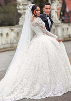 Pleated Bateau Ball Gown Wedding Dress with Lace and Court Train BM bride