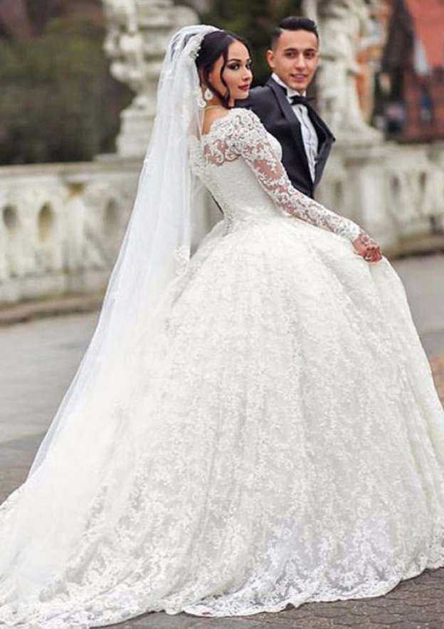 Pleated Bateau Ball Gown Wedding Dress with Lace and Court Train BM bride
