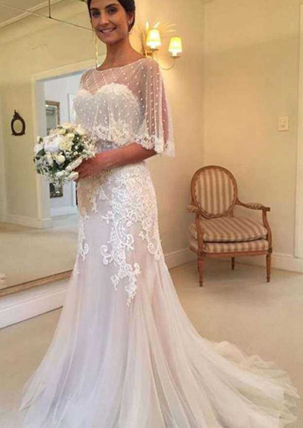 Appliqued Tulle Sheath/Column Wedding Dress with Sleeveless Sweetheart Neckline and Sweep Train BM bride