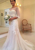 Appliqued Tulle Sheath/Column Wedding Dress with Sleeveless Sweetheart Neckline and Sweep Train BM bride
