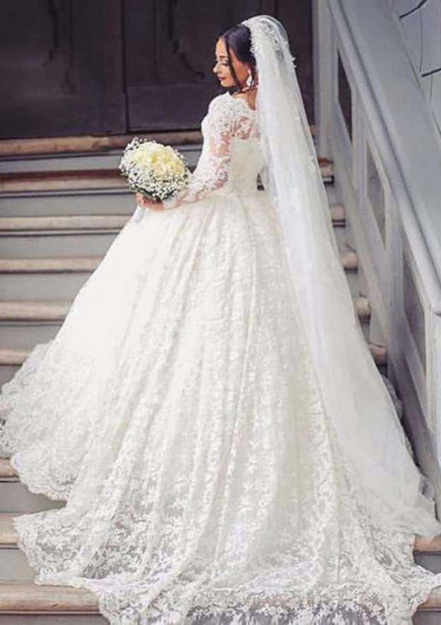 Pleated Bateau Ball Gown Wedding Dress with Lace and Court Train BM bride