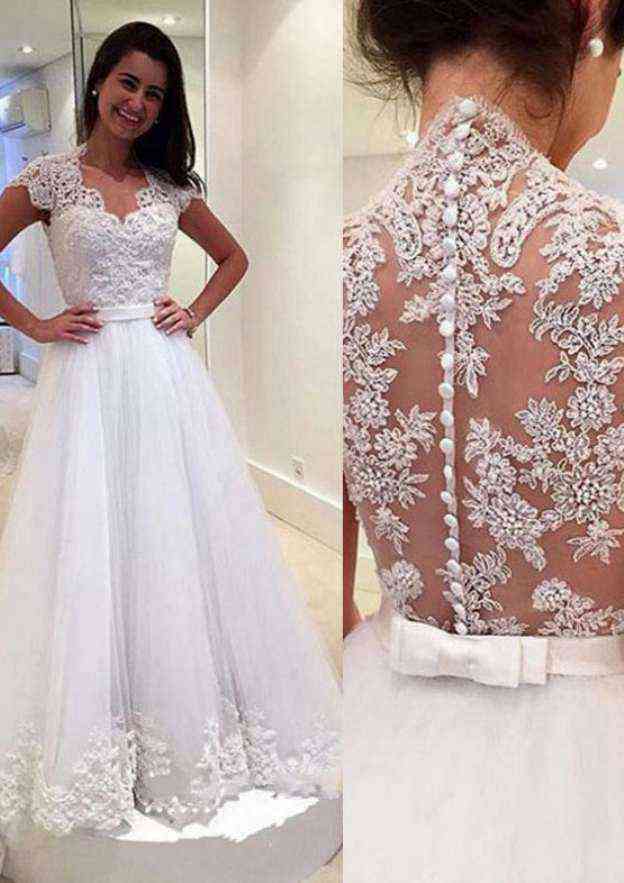 Appliqued Sweetheart Lace A-Line/Princess Wedding Dress with Sweep Train BM bride