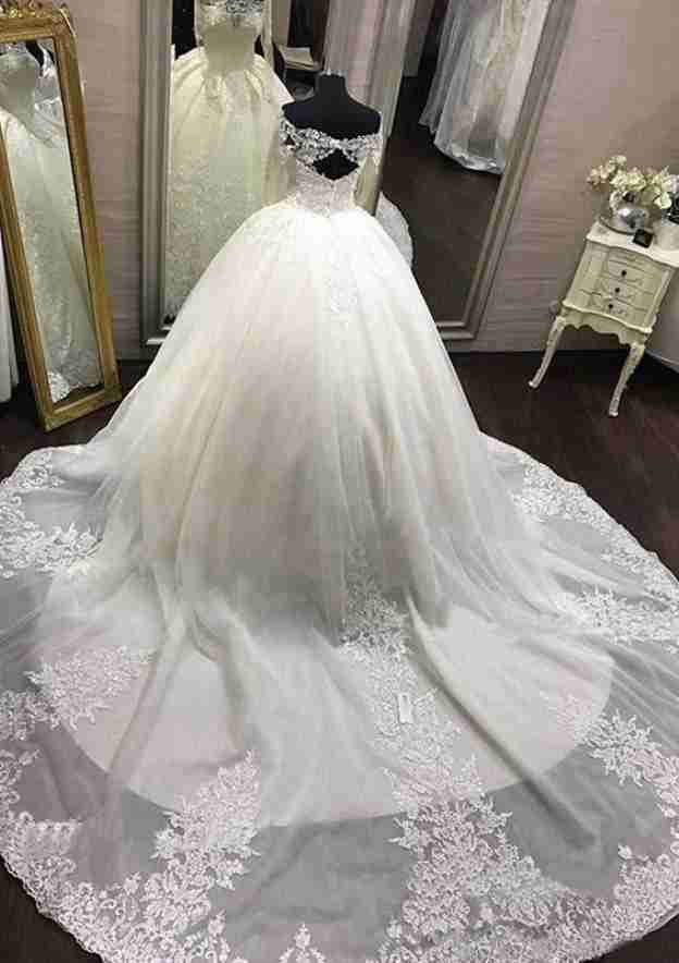Beaded Off-The-Shoulder Lace Ball Gown Wedding Dress with Chapel Train BM bride