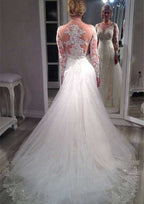 Beaded Scoop Neck Full/Long Sleeve Tulle A-Line/Princess Wedding Dress with Covered Button Closure and Court Train BM bride