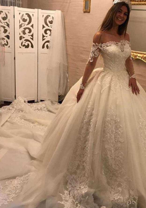 Beaded Off-The-Shoulder Lace Ball Gown Wedding Dress with Chapel Train BM bride