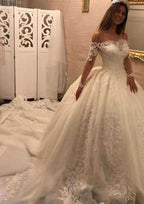 Beaded Off-The-Shoulder Lace Ball Gown Wedding Dress with Chapel Train BM bride
