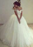 Sophisticated Appliqued Off-The-Shoulder Sleeveless Tulle Ball Gown Wedding Dress with Court Train BM bride