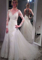 Beaded Scoop Neck Full/Long Sleeve Tulle A-Line/Princess Wedding Dress with Covered Button Closure and Court Train BM bride