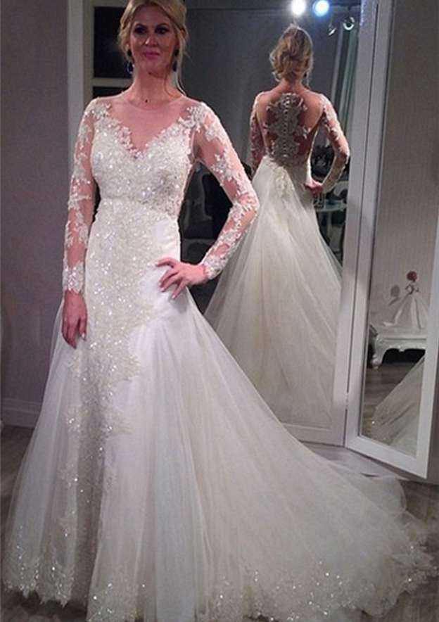 Beaded Scoop Neck Full/Long Sleeve Tulle A-Line/Princess Wedding Dress with Covered Button Closure and Court Train BM bride