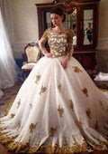 Beaded Bateau Ball Gown Wedding Dress with Lace and Court Train BM bride